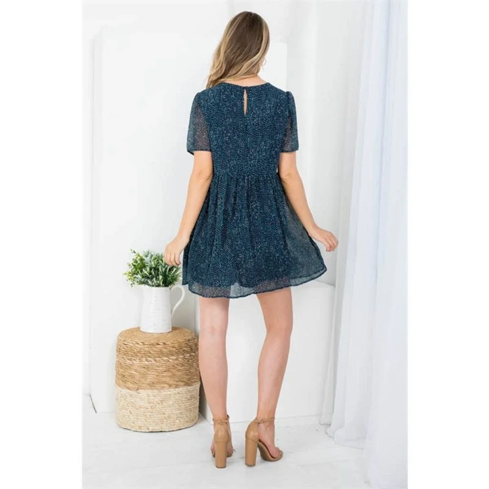 Navy Blue Printed Babydoll Dress - Picture 6 of 7